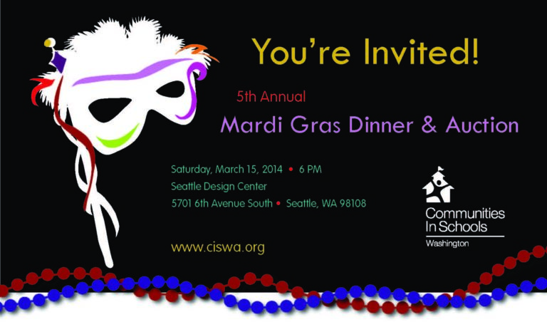 Mask, beads, and info about the Mardi Gras event