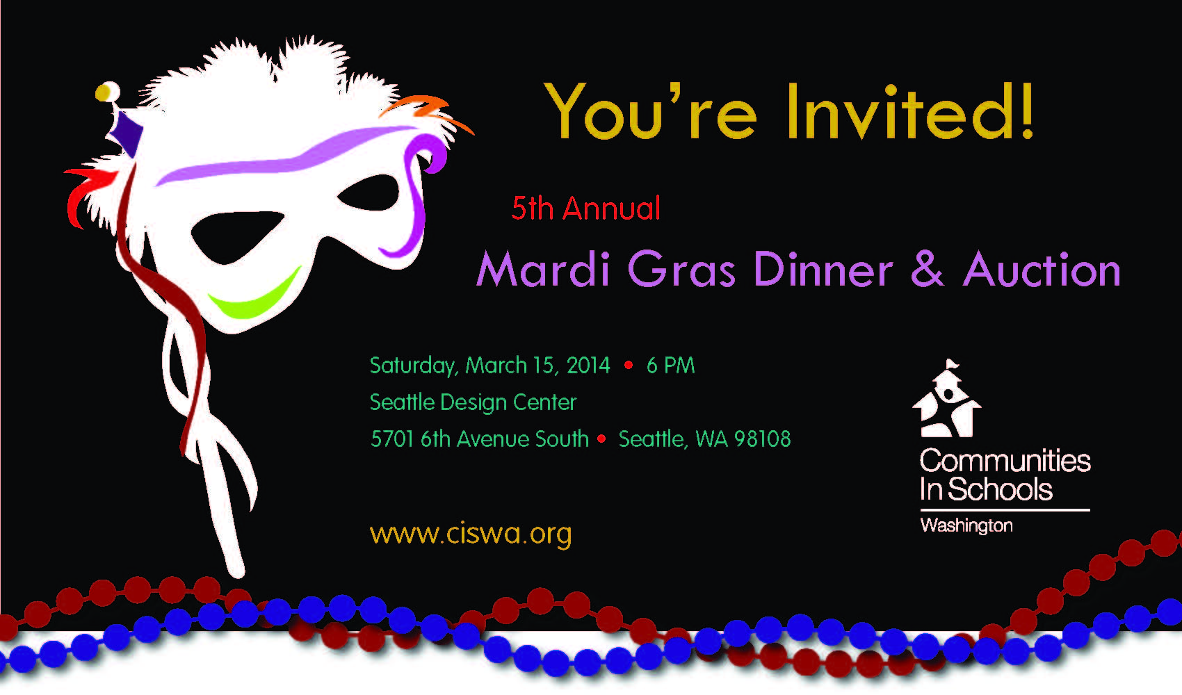 Mask, beads, and info about the Mardi Gras event