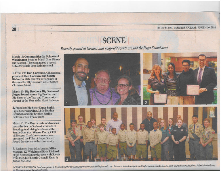 Puget Sound Business Journal Scene section including a photo of Dan, Ken and Susan from Mardi Gras 2014