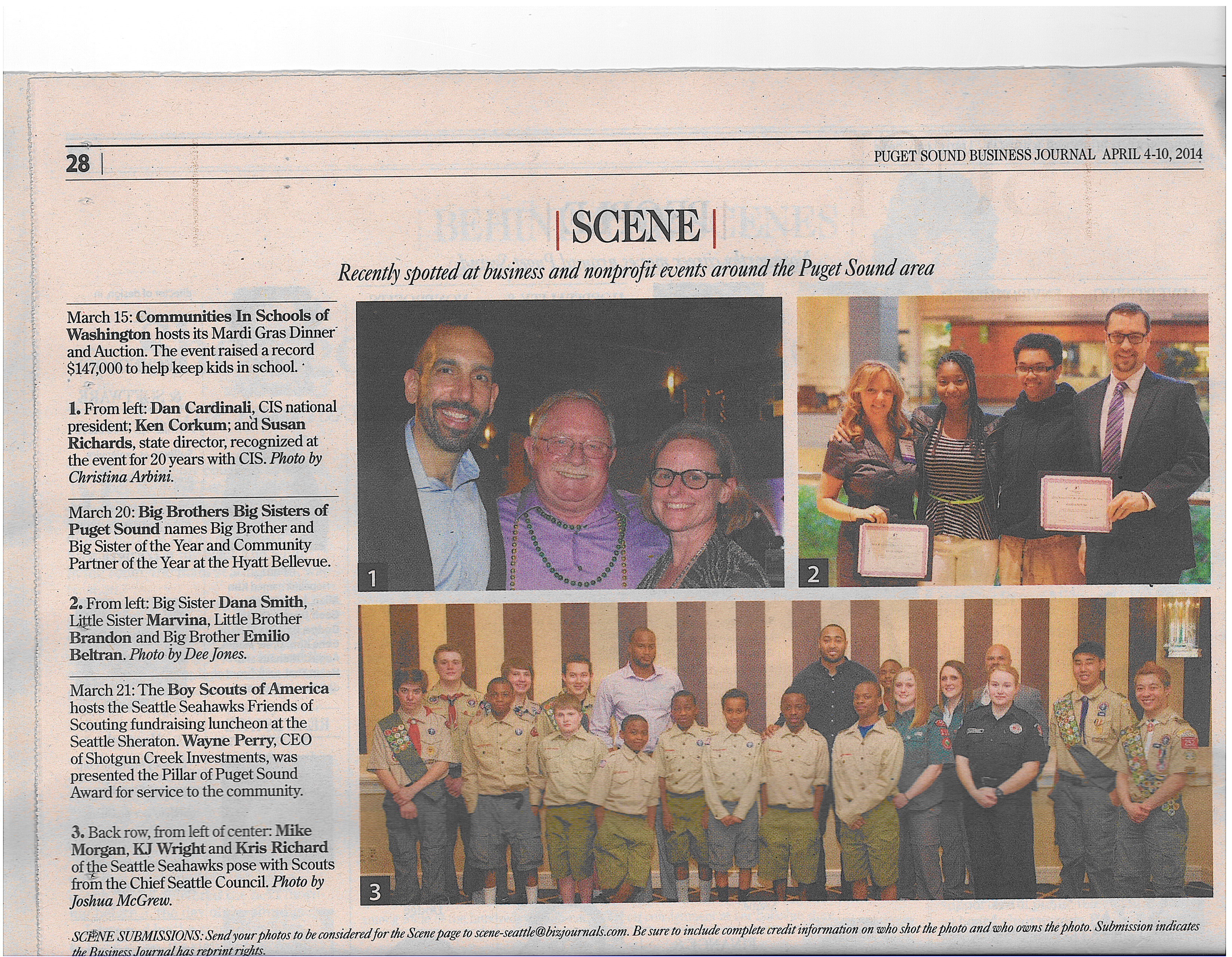 Puget Sound Business Journal Scene section including a photo of Dan, Ken and Susan from Mardi Gras 2014