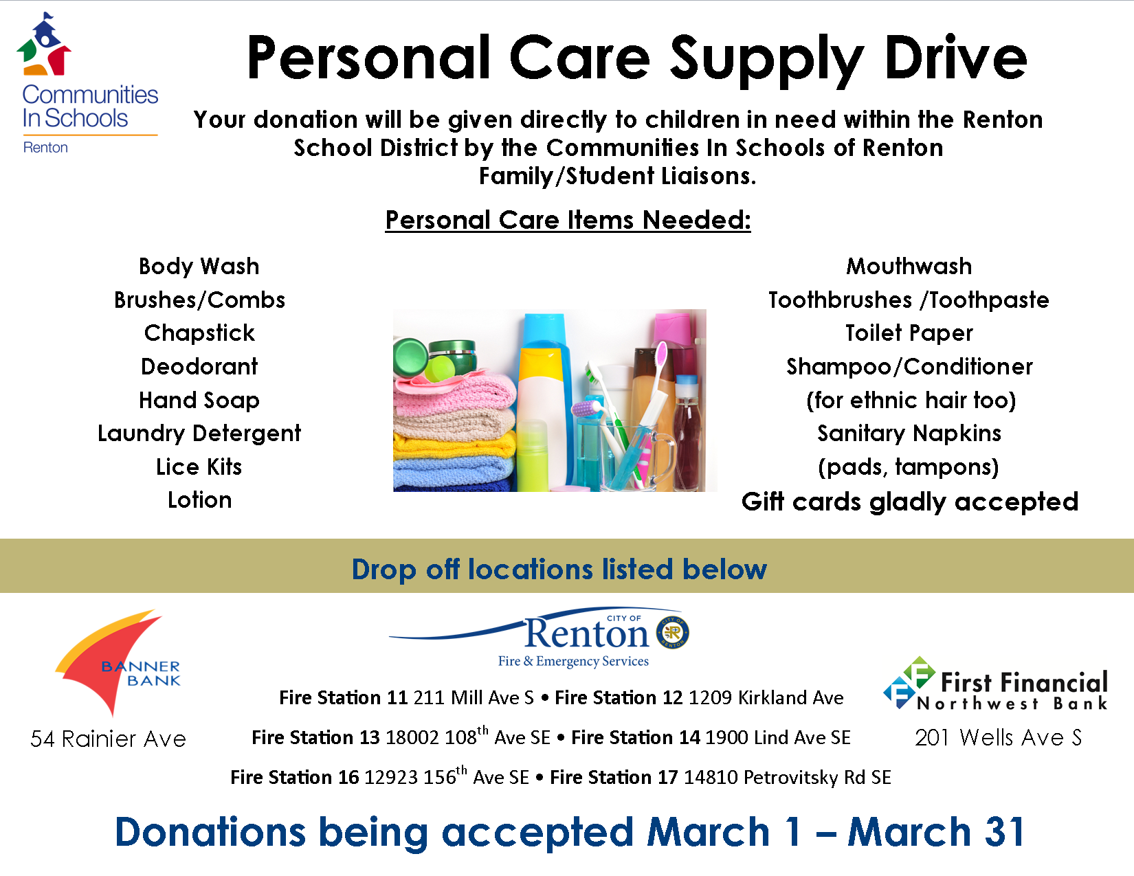 8.5x11 Personal Care supply drive poster_multiple locations