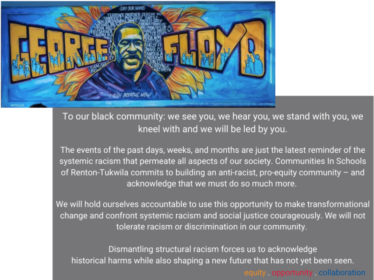 George Floyd mural. Statement to our black community.