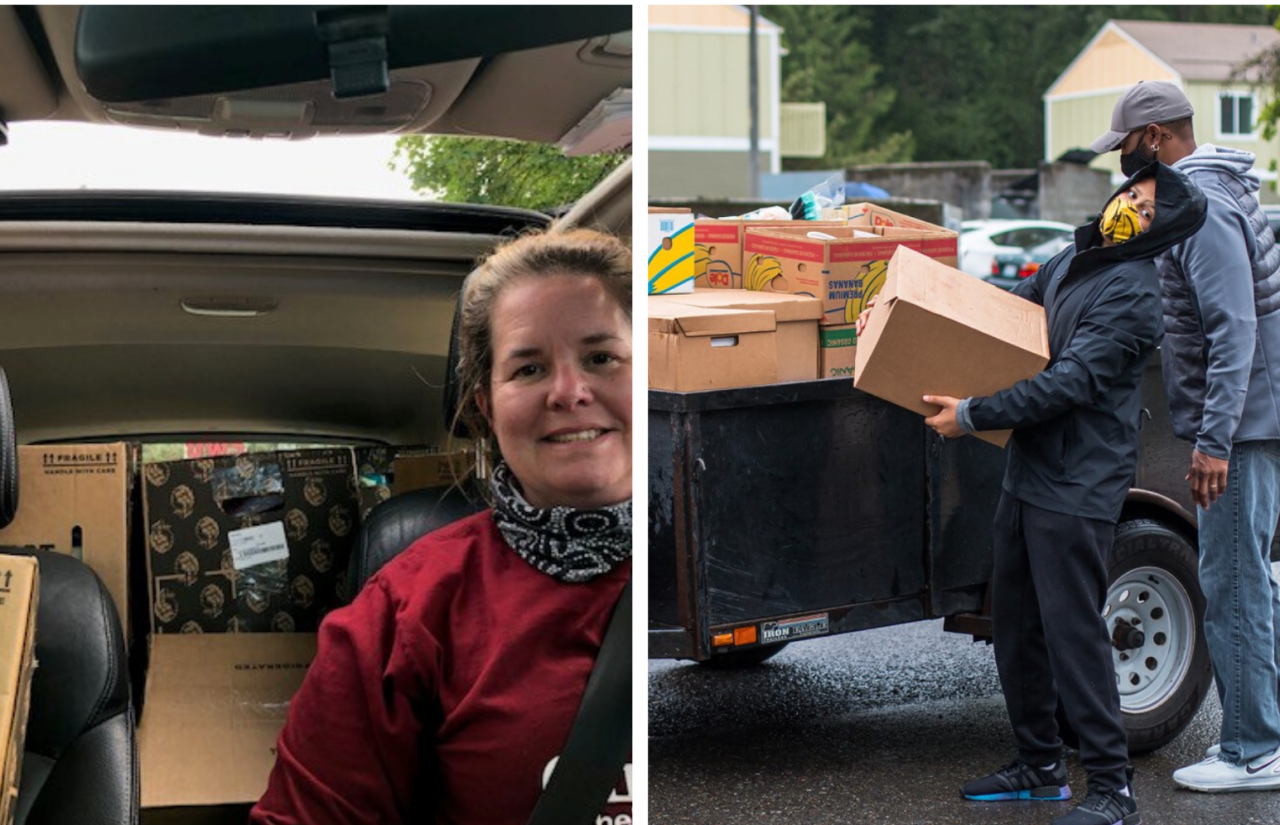 people loading boxes of food into a truck and woman in her car with boxes of food