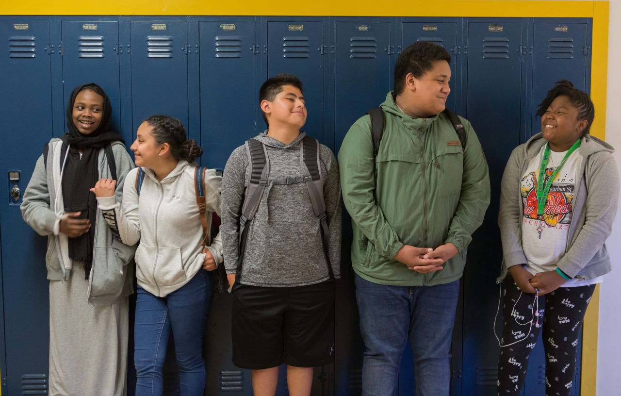 Students chatting by the school lockers