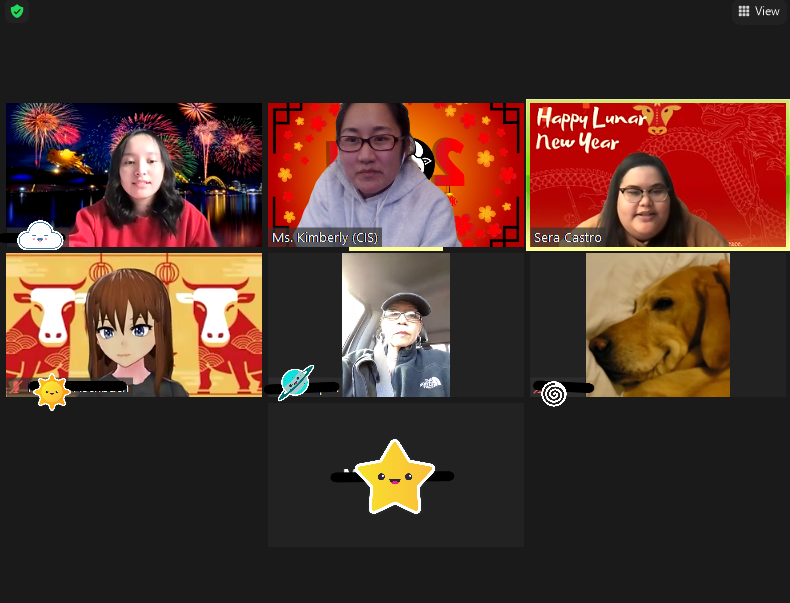 zoom meeting with cis staff and students using fun lunar new year backgrounds.
