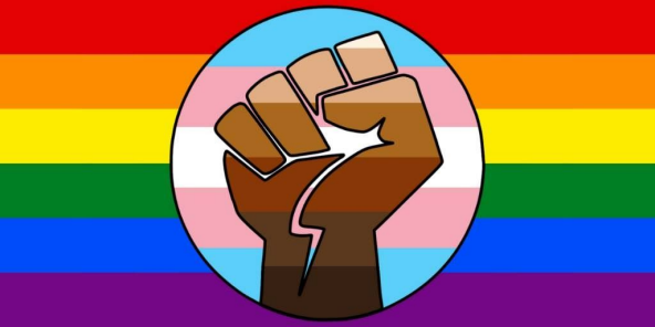 rainbow flag with fist in the middle.