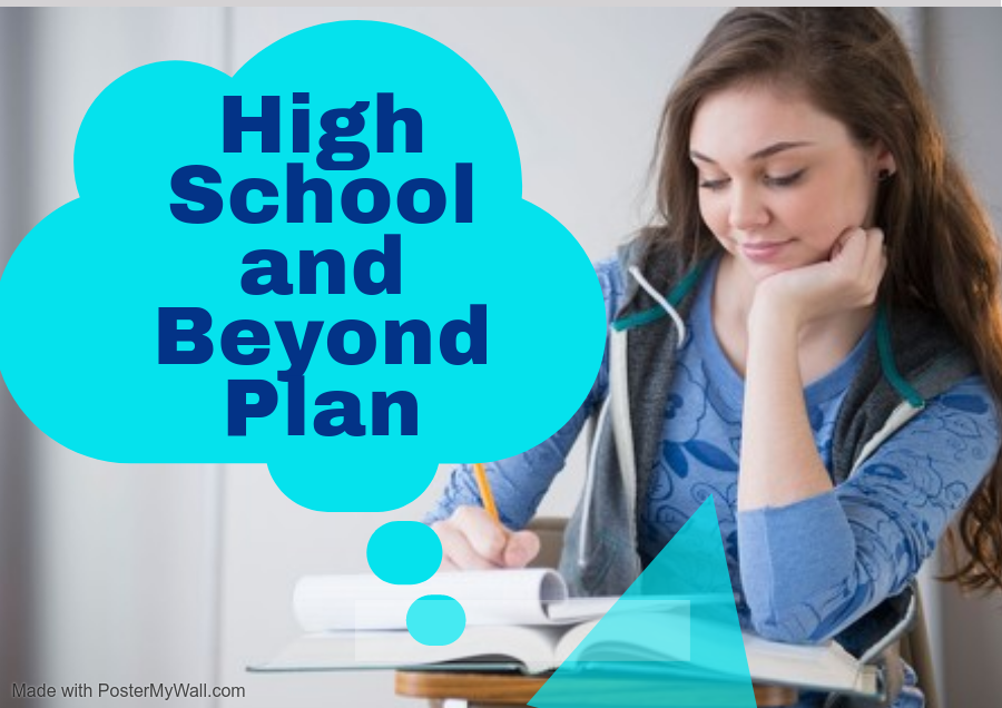 Student studying with thought bubble text to the side saying High School and Beyond Plan.