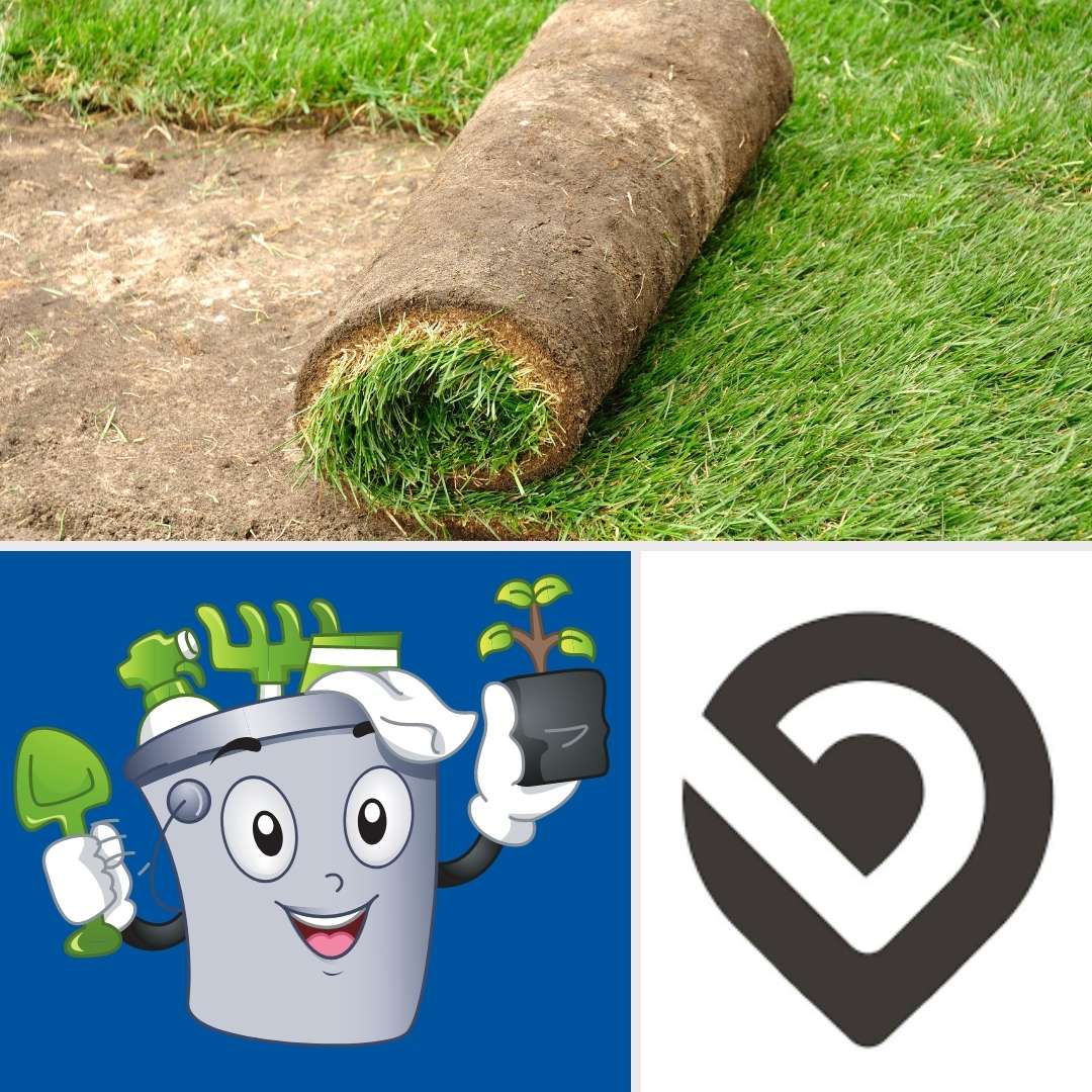 Grass sod being rolled out with cartoon gardening bucket and Brooklake logo.