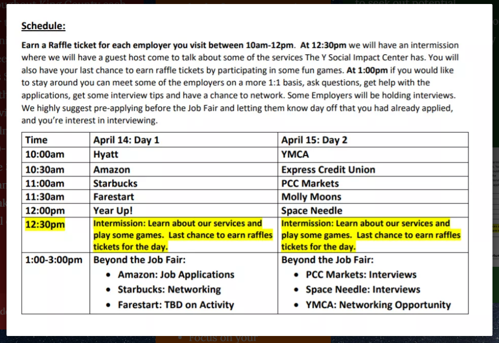 Schedule list for job fair.